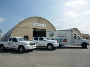 White Teak Master trucks in front of our Pasadena, CA warehouse