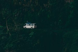 white van traveling through a Bolivian forest at night