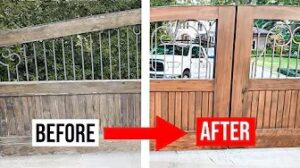 Before and after of a refinishing project for a red wood gate
