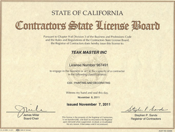 The state of California contractors state license for Teak Master Inc.