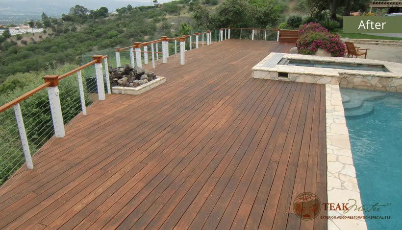 The amazing life and warmth that comes from a poolside redwood deck with attached fire-pit after the Teak Masters team has worked their magic.